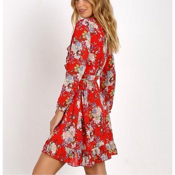 WYLDR Wicked Games Red Floral Long Sleeve Wrap Dress Size Small - Picture 1 of 14